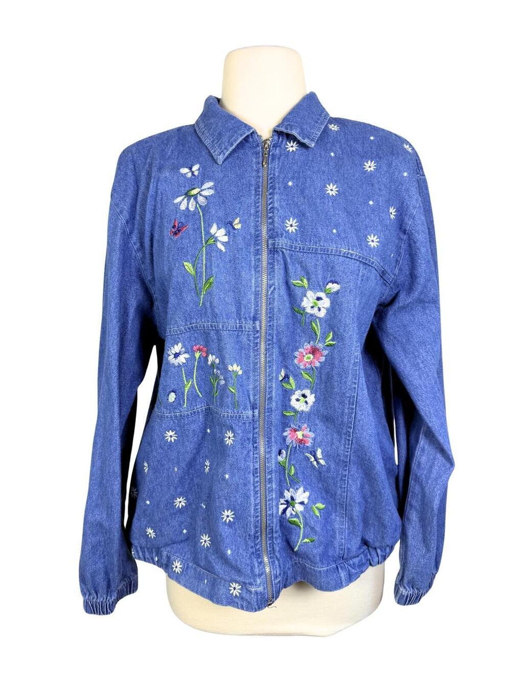 Vintage Teddi Denim Floral Embroidered Jacket Cottagecore Full Zip PL